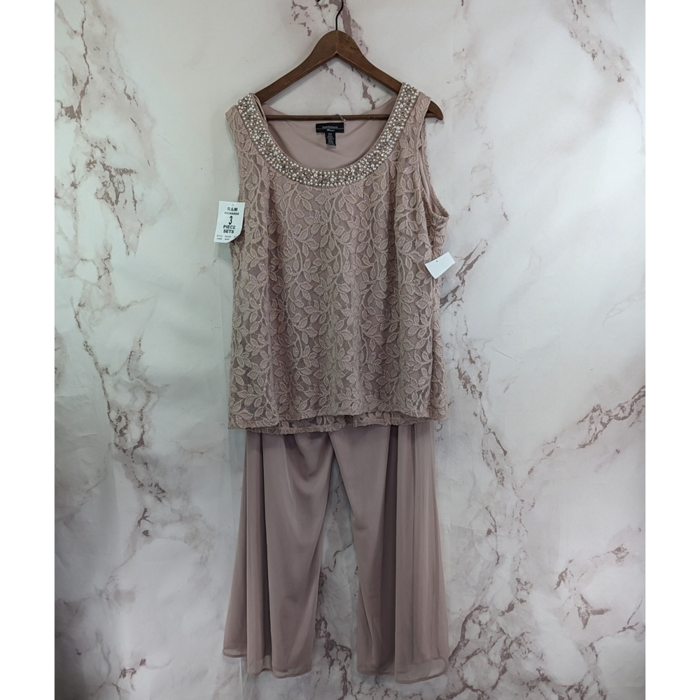 NWT R&M Richards Pant Set Womens 16W Pink Lace Pearl Wide Leg Tank Formal Suit